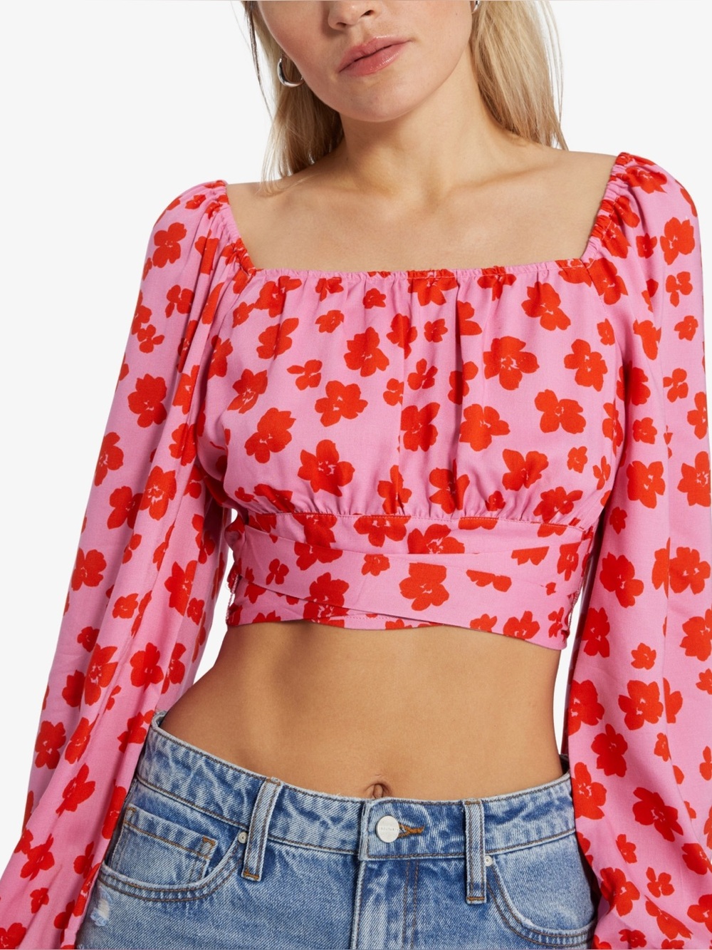 Sanctuary Red & Pink Floral Long Sleeve Crop Top